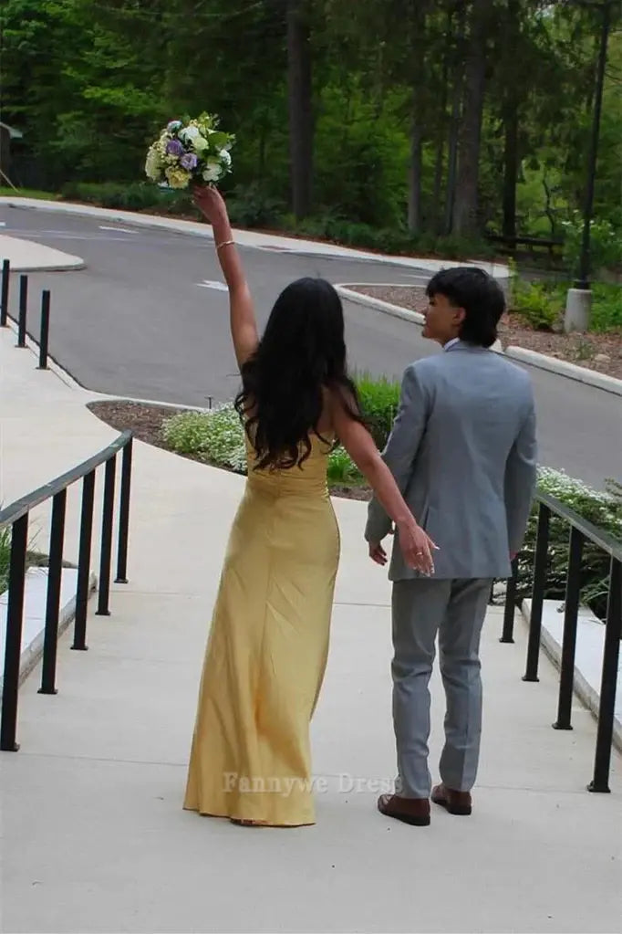 A-Line Simple Strapless Satin Yellow Long formal dresses Bridesmaid Dresses evening gown Prom Dress
